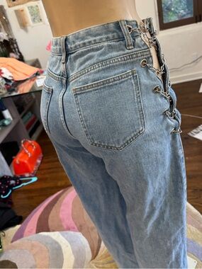 Light Blue Boyfriend Jeans with Side Chain Lace Up Detail size 4